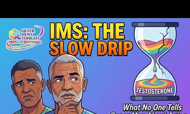 Two worried men beside an hourglass with rainbow liquid labeled Testosterone, illustrating aging and slow testosterone decline in queer men.