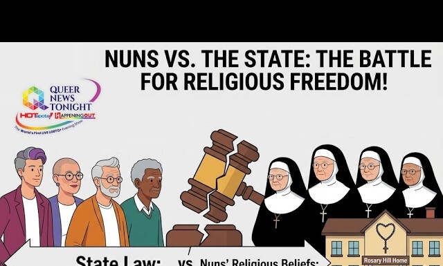 Catholic Nuns Sue New York Over LGBTQ Care Rules in Preemptive Religious Freedom Case Cartoon showing a legal clash over religious freedom: diverse civilians on one side, a group of nuns on the other, a judge's gavel between them, and a banner reading 'State Law vs Nuns' Religious Beliefs'.