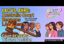 Thumbnail showing a courtroom gavel and a line of diverse people facing right, with bold yellow text about LAG vs AHRC: Australia Court Reopens LAG Case, plus a Queer News Tonight logo on the right.
