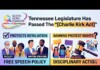 News banner about Tennessee passing the Charlie Kirk Act, with Queer News Tonight logo; left panel shows Free Speech Policy with faculty and invited speakers, right panel on disciplinary action with protesters and gavel.