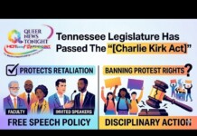 News banner about Tennessee passing the Charlie Kirk Act, with Queer News Tonight logo; left panel shows Free Speech Policy with faculty and invited speakers, right panel on disciplinary action with protesters and gavel.