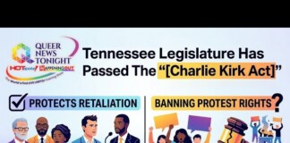 News banner about Tennessee passing the Charlie Kirk Act, with Queer News Tonight logo; left panel shows Free Speech Policy with faculty and invited speakers, right panel on disciplinary action with protesters and gavel.