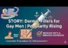 Video thumbnail about dermal fillers for gay men; syringe injecting into a cartoon torso with text about shaft girth and cosmetic enhancement.