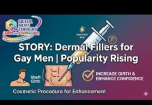 Video thumbnail about dermal fillers for gay men; syringe injecting into a cartoon torso with text about shaft girth and cosmetic enhancement.