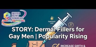 Video thumbnail about dermal fillers for gay men; syringe injecting into a cartoon torso with text about shaft girth and cosmetic enhancement.