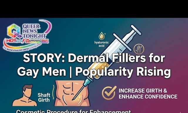 Penis Filler Rises In Popularity Among Gay Men Video thumbnail about dermal fillers for gay men; syringe injecting into a cartoon torso with text about shaft girth and cosmetic enhancement.