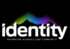 Identity logo: white 'identity' wordmark with a rainbow-colored mountain silhouette on black, plus the tagline 'Advancing Alaska's LGBT Community'.
