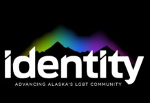 Identity logo: white 'identity' wordmark with a rainbow-colored mountain silhouette on black, plus the tagline 'Advancing Alaska's LGBT Community'.