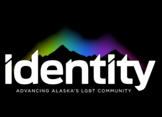 Identity logo: white 'identity' wordmark with a rainbow-colored mountain silhouette on black, plus the tagline 'Advancing Alaska's LGBT Community'.