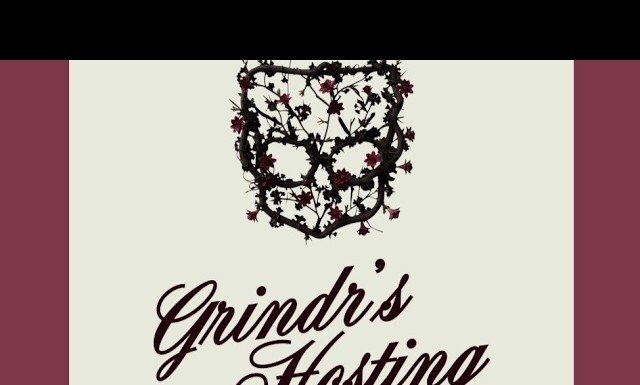Logo for Grindri's Hosting with a dark vine heart design above the scripted company name.