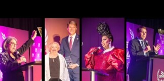 Collage of four speakers at a formal awards gala on stage with purple lighting: left, a woman at a podium; second, a man presenting an award to an elderly woman; third, a drag performer in a bright pink gown singing; right, a man at another podium.