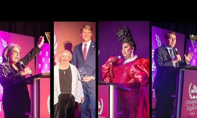 Champions Take the Spotlight at SAVE’s Equality Gala, May 2 Collage of four speakers at a formal awards gala on stage with purple lighting: left, a woman at a podium; second, a man presenting an award to an elderly woman; third, a drag performer in a bright pink gown singing; right, a man at another podium.