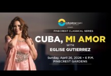 Promotional banner for Cuba, Mi Amor with Eglise Gutierrez at Pinecrest Gardens; woman in pink gown on the left.