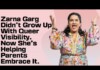 Zarna Garg smiling with raised arms on a pink background; bold text discusses queer visibility and her role in helping parents embrace it.