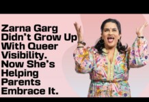 Zarna Garg smiling with raised arms on a pink background; bold text discusses queer visibility and her role in helping parents embrace it.