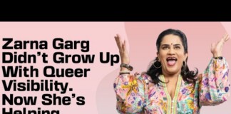 Zarna Garg smiling with raised arms on a pink background; bold text discusses queer visibility and her role in helping parents embrace it.
