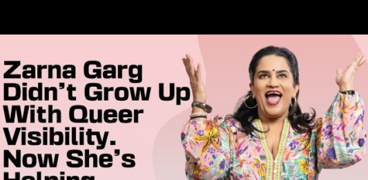 Zarna Garg smiling with raised arms on a pink background; bold text discusses queer visibility and her role in helping parents embrace it.