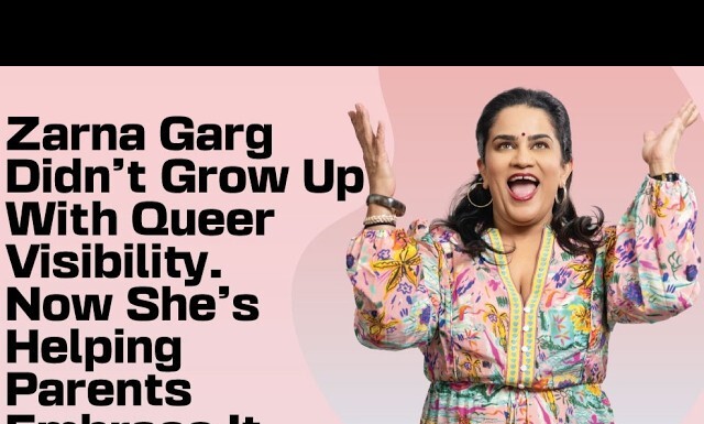 Zarna Garg smiling with raised arms on a pink background; bold text discusses queer visibility and her role in helping parents embrace it.