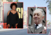 Collage-style street scene with two inset portraits: on the left, a smiling Black woman in a black cold-shoulder top standing in front of a red-carpet backdrop; on the right, a gray-haired man in a suit and tie, smiling slightly.