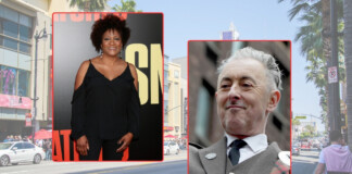 Collage-style street scene with two inset portraits: on the left, a smiling Black woman in a black cold-shoulder top standing in front of a red-carpet backdrop; on the right, a gray-haired man in a suit and tie, smiling slightly.
