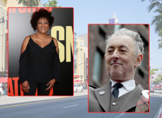 Collage-style street scene with two inset portraits: on the left, a smiling Black woman in a black cold-shoulder top standing in front of a red-carpet backdrop; on the right, a gray-haired man in a suit and tie, smiling slightly.