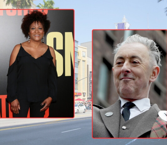 Collage-style street scene with two inset portraits: on the left, a smiling Black woman in a black cold-shoulder top standing in front of a red-carpet backdrop; on the right, a gray-haired man in a suit and tie, smiling slightly.