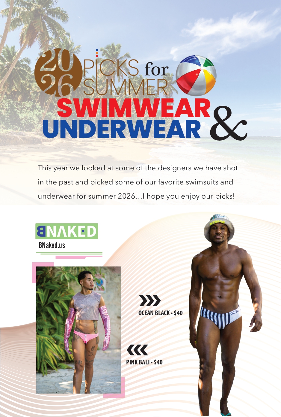 Banner promoting 2026 summer swimwear and underwear picks on a sunny beach, with models in swimwear and a tropical backdrop.