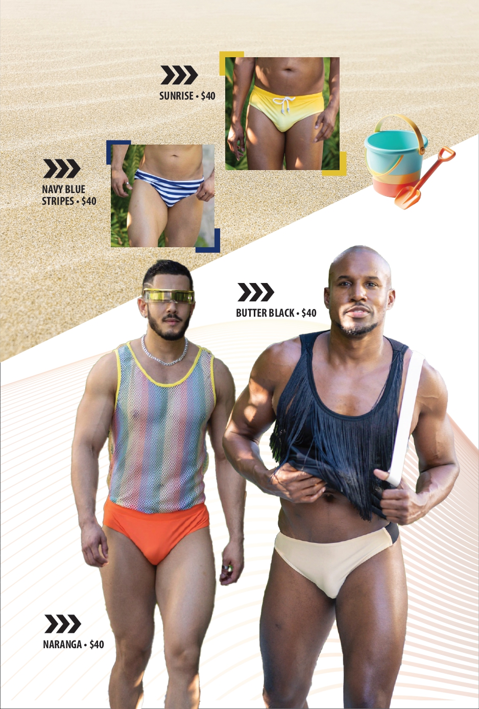 Promotional collage of two men in retro swimwear on a beach background; inset photos show striped navy and yellow briefs with colored frames; a bucket and shovel sit at right.