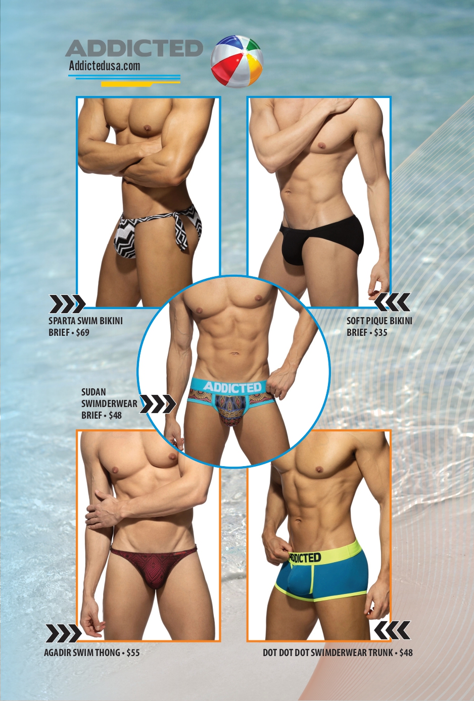 Promotional swimwear collage featuring six male bikini briefs around a central circular model, with brand 'ADDICTED' at top and beach background.