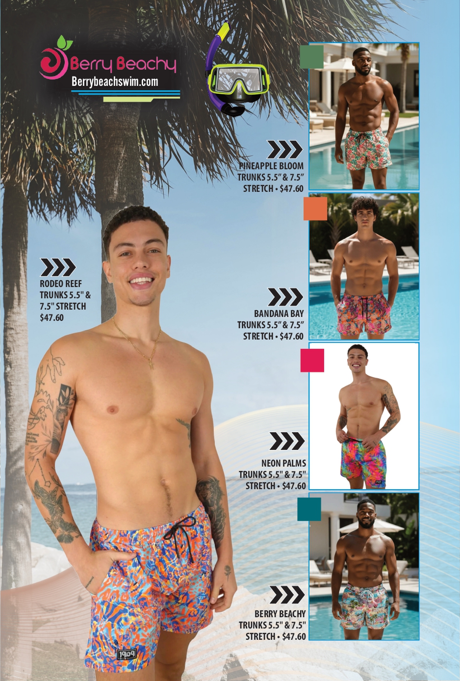 Promotional collage for Berry Beachy swimsuits with a large model wearing colorful trunks and five product panels with prices on the right.