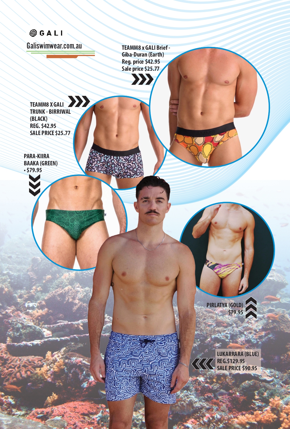 Catalog page showing men’s swim briefs in circular frames with prices and sale info from GALI/Galiswimwear.com.au.