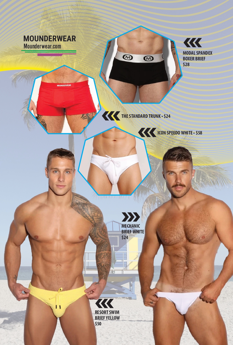 Beachwear catalog page showing five male models in hexagon-framed swim briefs with price labels: The Standard Trunk , Icon Speedo White , Mechanic Brief White , Resort Swim Brief Yellow , plus red MOUNDERWEAR shorts on a tropical background.