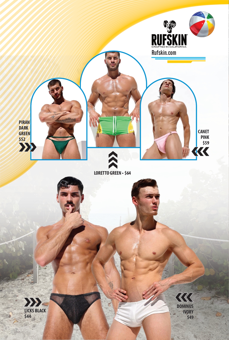 Promotional swimwear poster showing muscular models in briefs and trunks with brand logo ‘Rufskin’ at top right and names/prices beside each model.