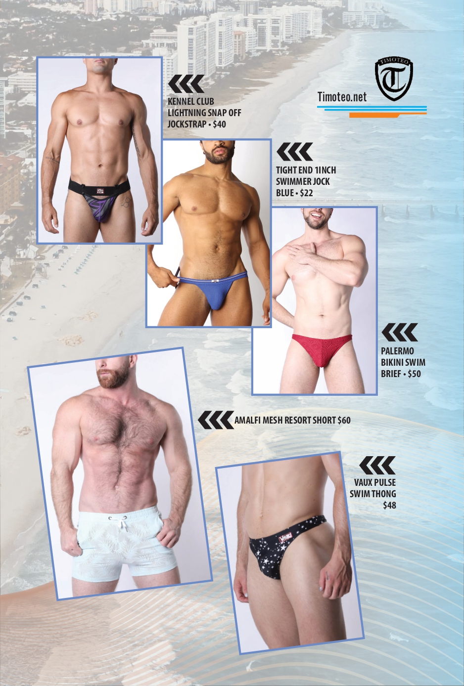 Collage of men modeling swim briefs and jocks on a beach background with price labels and blue frame accents (advertisement).
