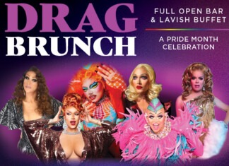 Promotional poster for Drag Brunch with five drag queens, bold 'DRAG BRUNCH' title, 'FULL OPEN BAR & LAVISH BUFFET' and 'A PRIDE MONTH CELEBRATION'.