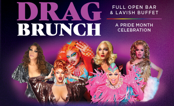 HardRockDragShow_600x600 Promotional poster for Drag Brunch with five drag queens, bold 'DRAG BRUNCH' title, 'FULL OPEN BAR & LAVISH BUFFET' and 'A PRIDE MONTH CELEBRATION'.
