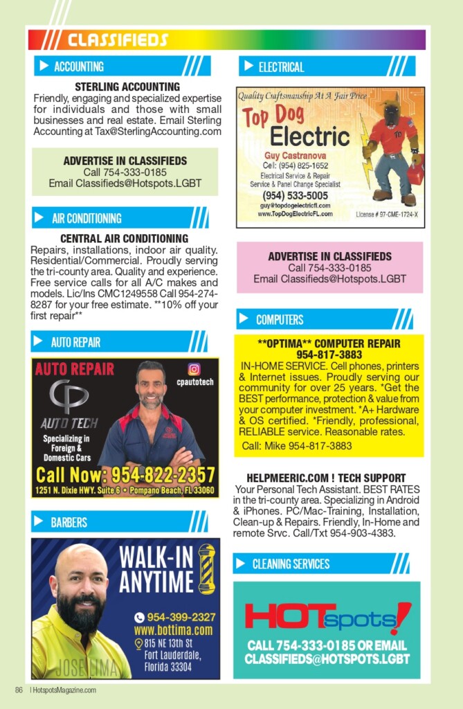 Bright classifieds page with blue headers and multiple service ads (Accounting, Electrical, Air Conditioning, Auto Repair, Computers, Barbers, Cleaning) on a pale green background.