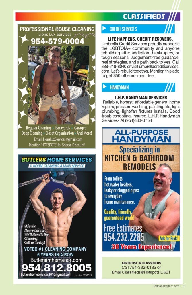 An advertisement page with multiple service ads: house cleaning, credit services, handyman, and kitchen/bathroom remodel ads, plus a muscular man posing in a cleaning-themed poster.
