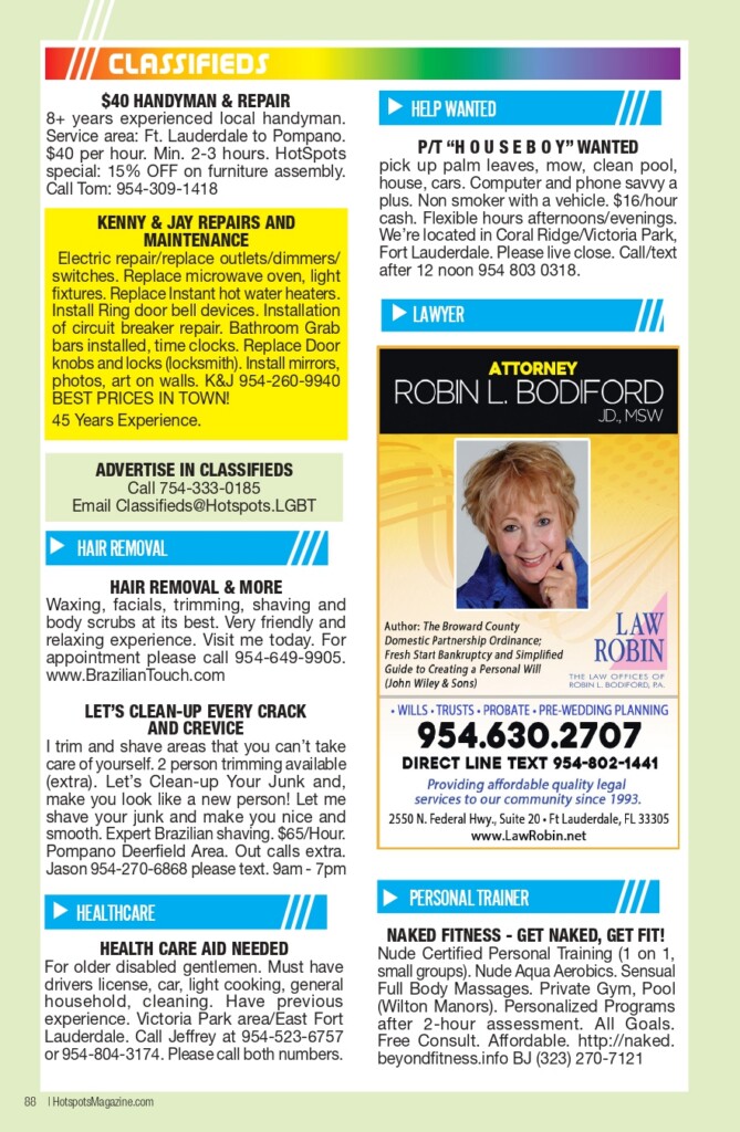 Classifieds page with multiple ads: handyman, houseboy, lawyer, hair removal, healthcare, and an attorney ad with a photo panel on the right side.