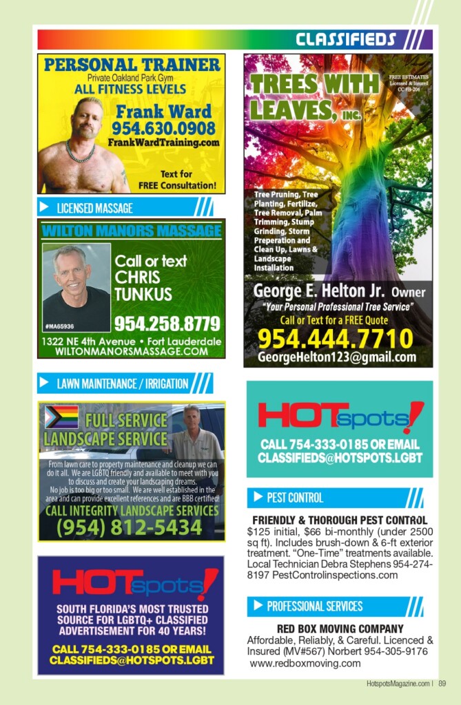 Colorful classified ads page with multiple service ads (massage, tree care, lawn care, pest control, moving company) on a pale green background.