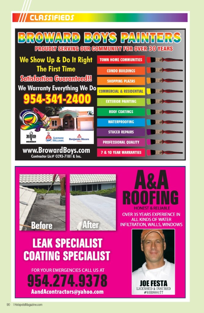 Advertisement page with two contractor posters: Broward Boys Painters and A&A Roofing, showing services, contact numbers, and before/after images on a bright layout.