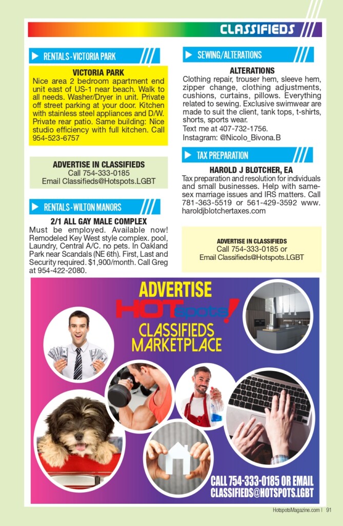 Bright green page with a multi-section classifieds layout: blue headers, yellow ad block, and gray text blocks of listings.