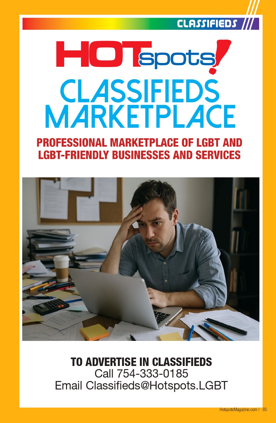 Cover page for HOTspots Classifieds Marketplace; man looks stressed at a laptop amid a cluttered desk.