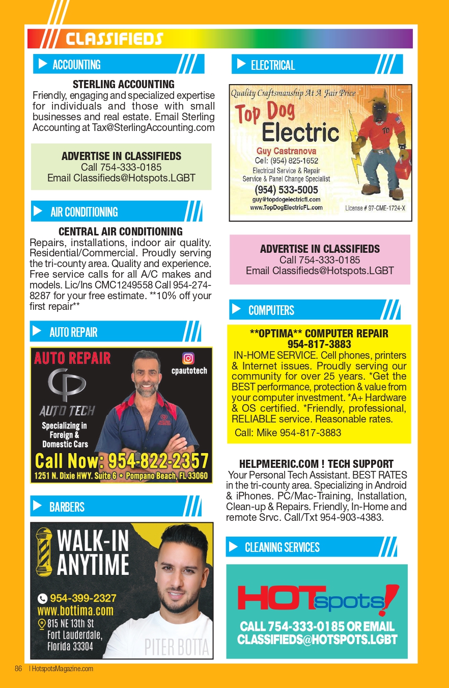 Colorful classifieds page layout with service ads (Accounting, Electrical, Auto Repair, Barbers, Computers, Cleaning) in a magazine spread.