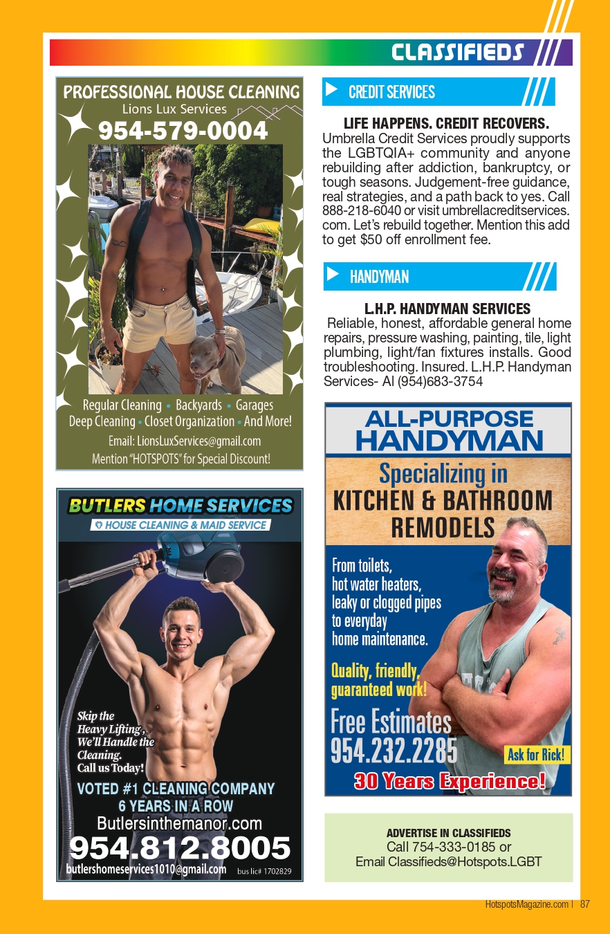 Colorful classifieds page with multiple ads: top header CLASSIFIEDS, left column ad for Professional House Cleaning with a man on a dock and dog, and a muscular cleaner ad; bottom-left ad for Butler's Home Services showing a worker lifting equipment; right column includes Credit Services and Handyman ads with bold headlines and contact numbers; overall bright orange background.