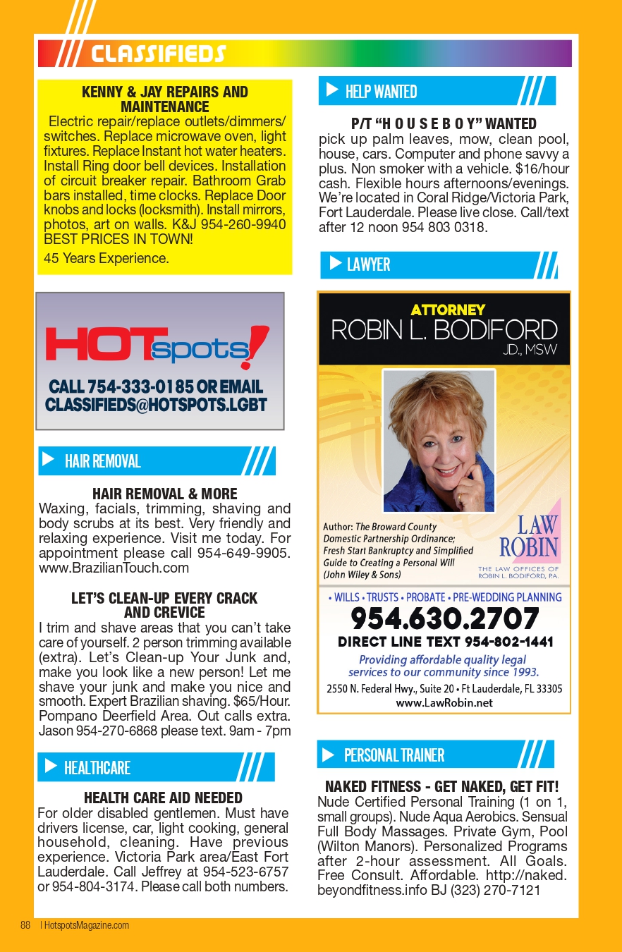 Colorful classifieds page showing multiple ads for repairs, help wanted, hair removal, and legal services, with an orange border and blue title bars.