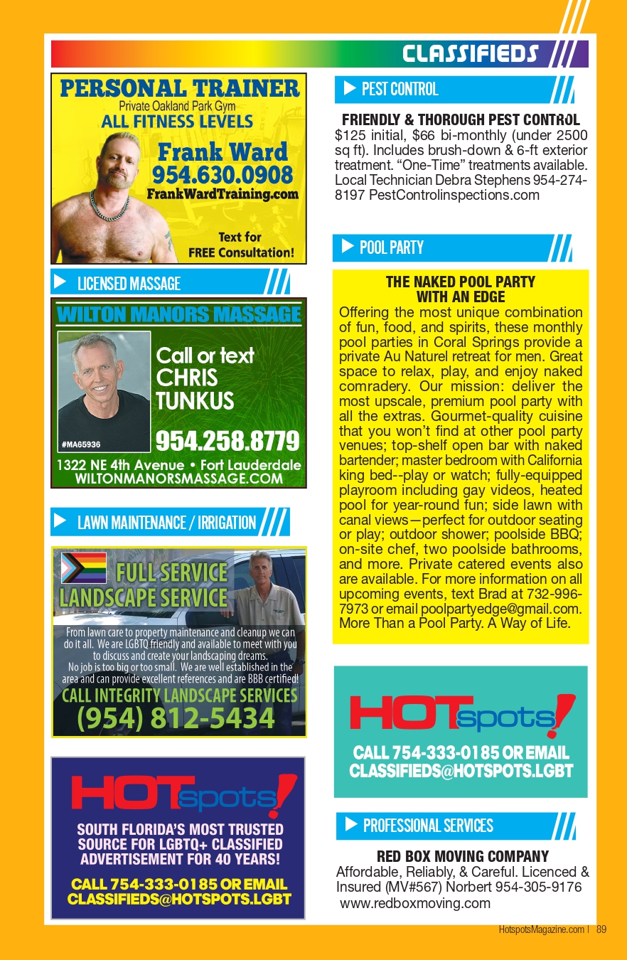 Bright yellow classifieds page with multiple ads: personal trainer, pest control, pool party, licensed massage, lawn maintenance, and moving services on a colorfully bordered layout.