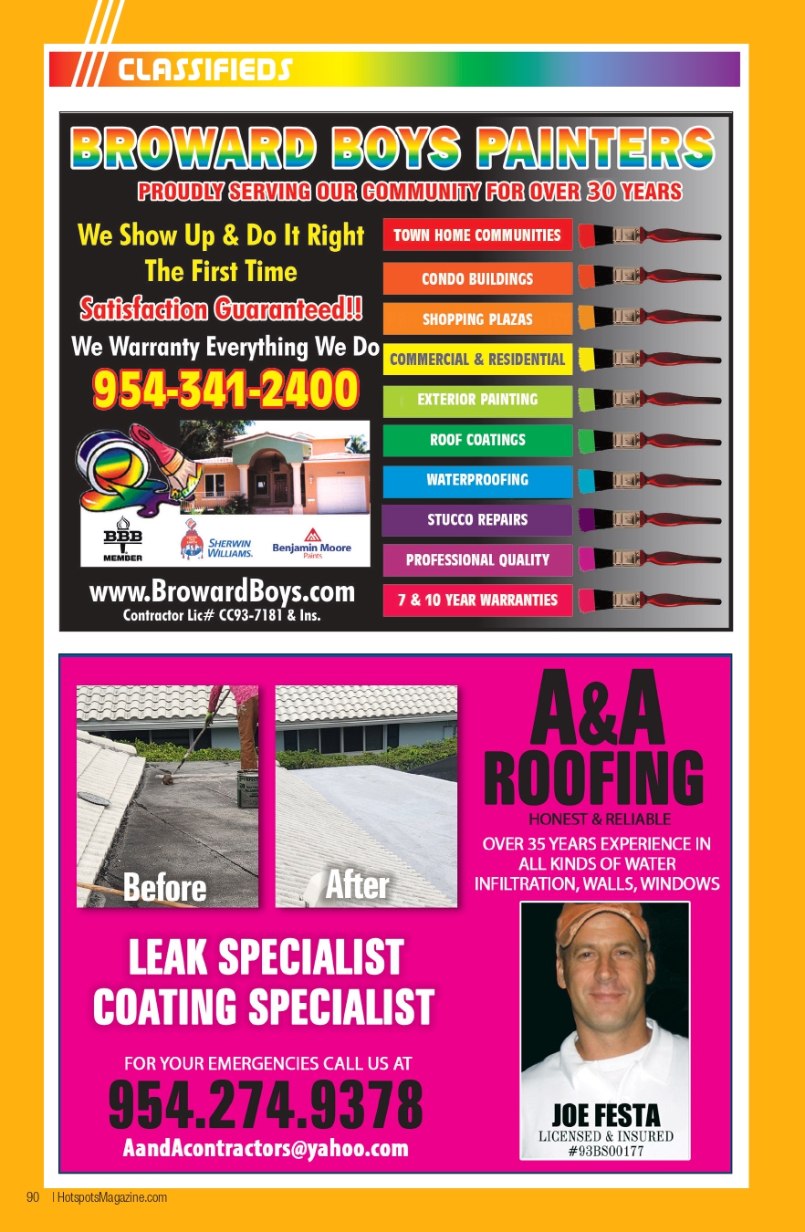 Bright poster-style image with two ads: the top ad for Broward Boys Painters showing a rainbow banner, bold headlines, a color‑coded service list (e.g., Town Home, Condos, Shopping Plazas, Exterior Painting, Roof Coatings, Waterproofing, Stucco Repairs) and a large phone number; the bottom ad in pink/purple promotes leak/roofing coating specialists with before/after roof photos, bold text like 'Leak Specialist Coating Specialist', contact info, and a portrait of a worker.