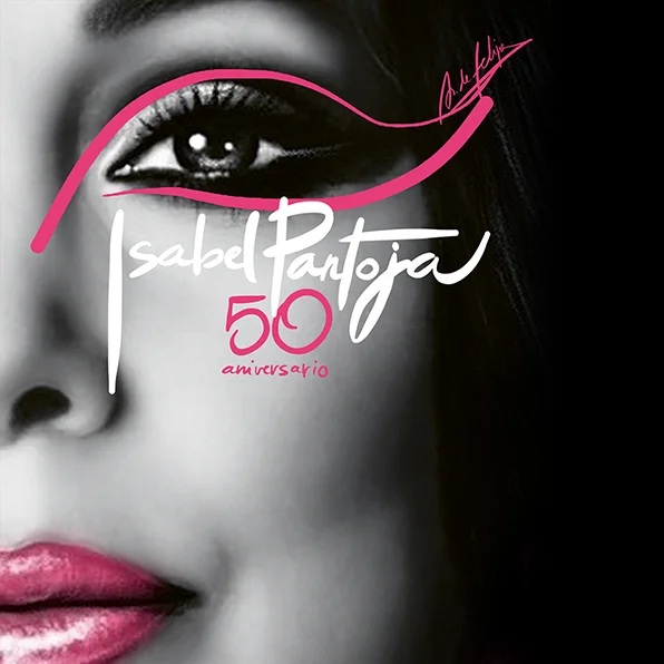 Promotional graphic for Isabel Pantoja’s 50th anniversary, featuring a close-up grayscale portrait with pink lips and logo elements.