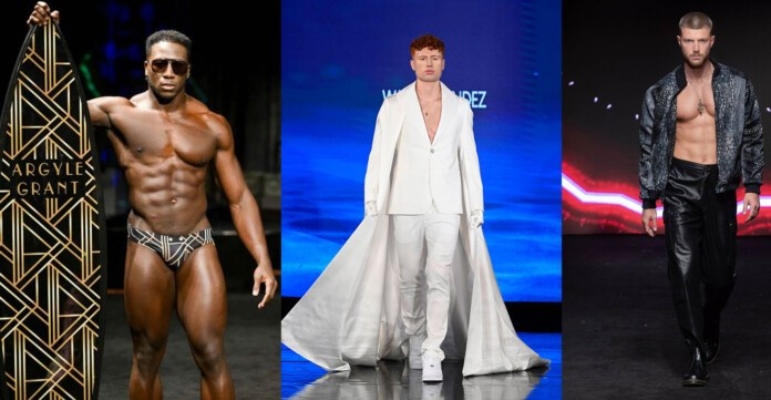Runway collage of three male models: left in geometric-pattern swimwear beside a geometric surfboard, center in a white cape suit, right in a black leather ensemble with an open jacket.